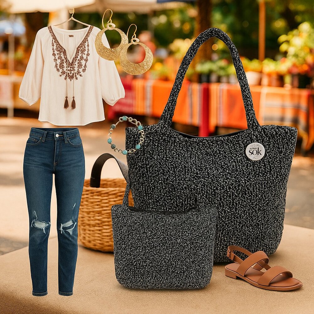 Vintage The Sak Black & White Crochet Shoulder Bag